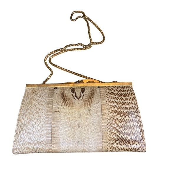 Vintage Snakeskin Clutch/ Shoulder Bag Framed Top Kisslock Chain Strap Beige